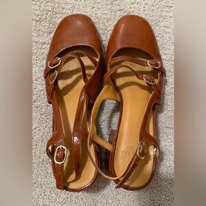 Sezane Tan Leather Kitten Heels with Buckle